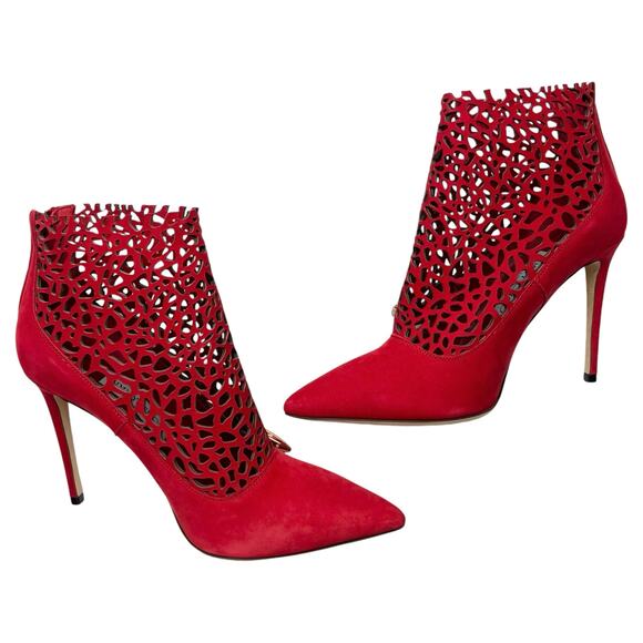 JIMMY CHOO Maurice 100mm Laser Cut Suede Ankle Boots EU 38.5 US 8.5 Red Stiletto - Picture 4 of 13